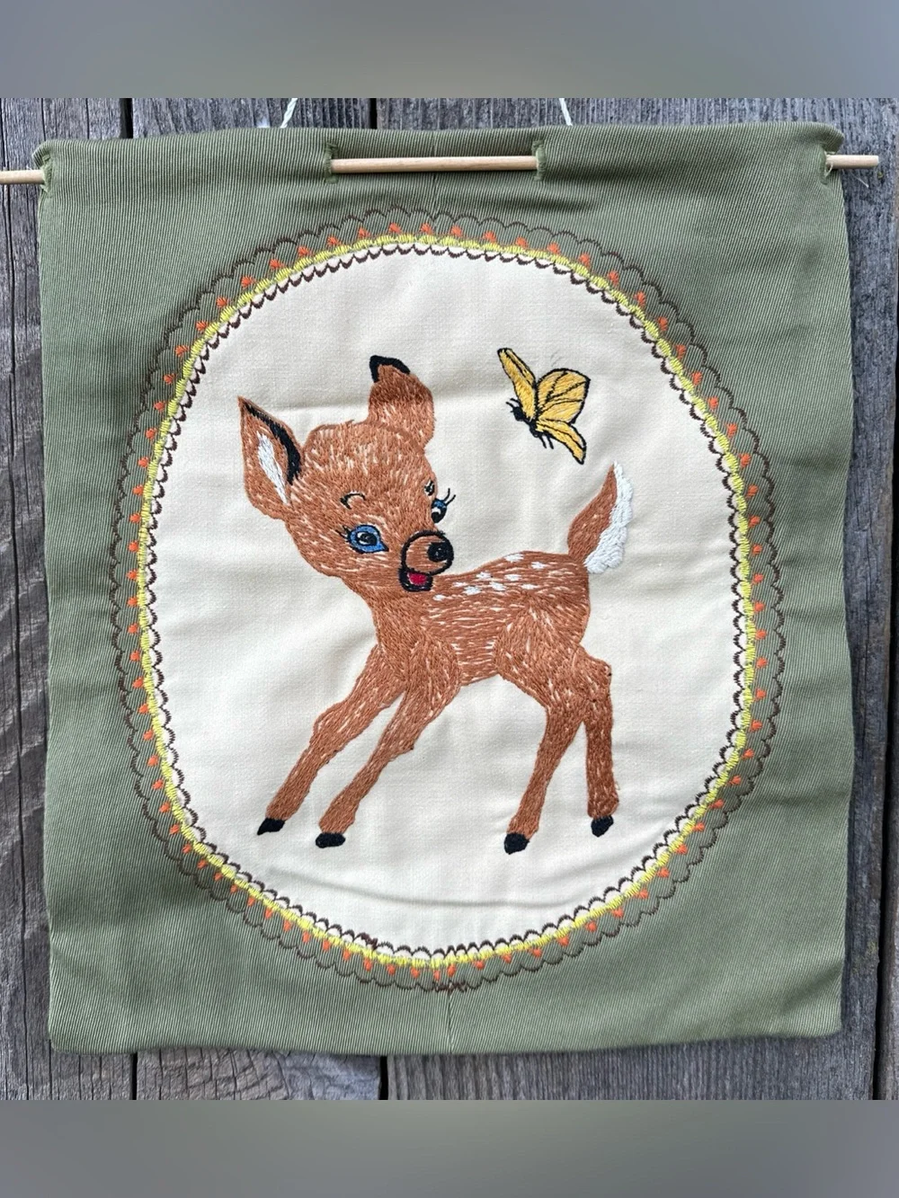 Vintage Fawn Deer & Butterfly Needlepoint Wall Hanging Cottagecore 12